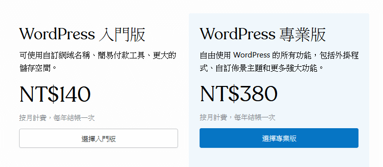  WordPress.Com方案，年繳1560元~17256元(每月平均130元~1438元) 。